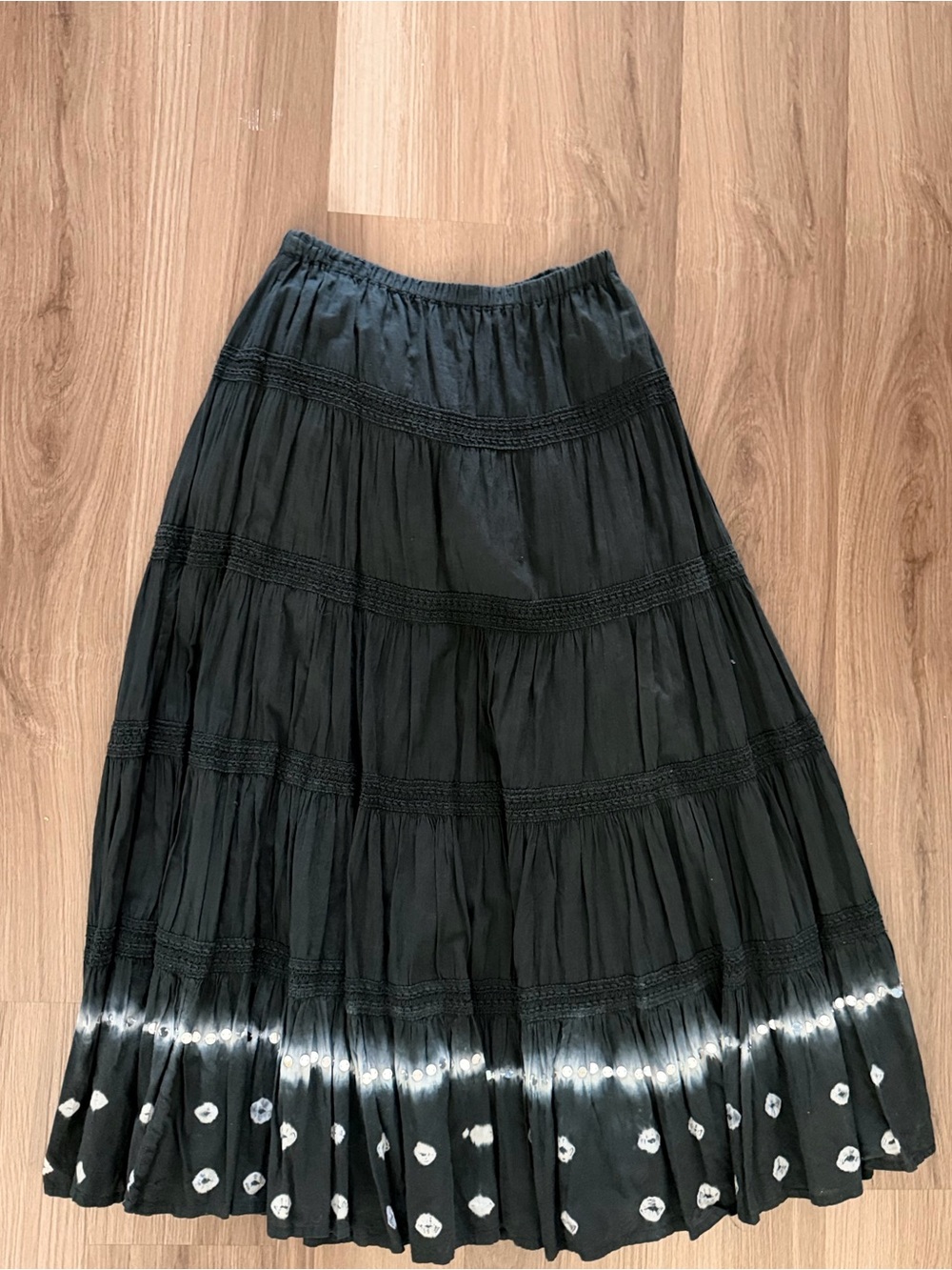 Black Tiered boho cotton Maxi Skirt with White Tie-Dye Hem